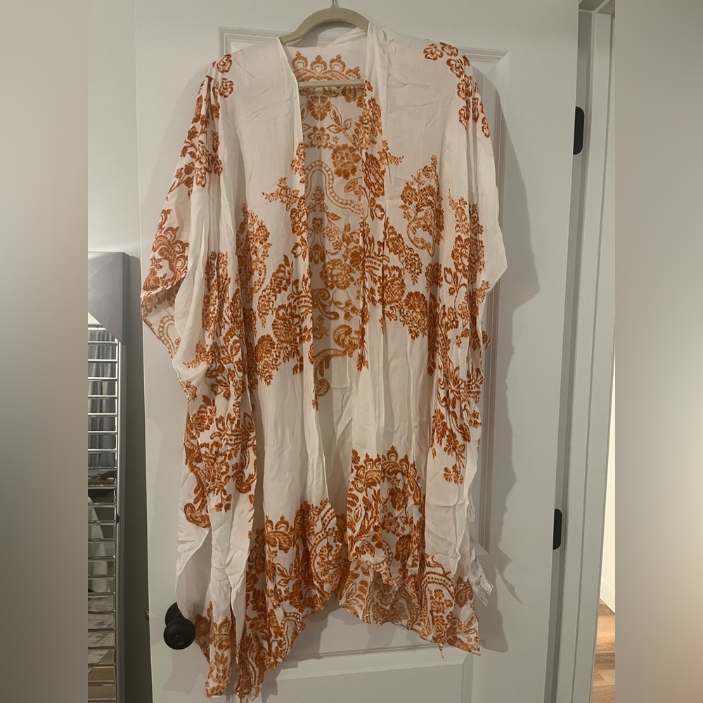 White Boho Kimono with Rust Floral Print